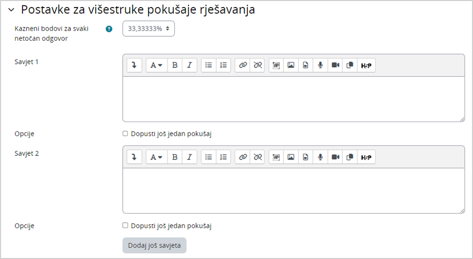 Postavke za višestruke pokušaje rješavanja