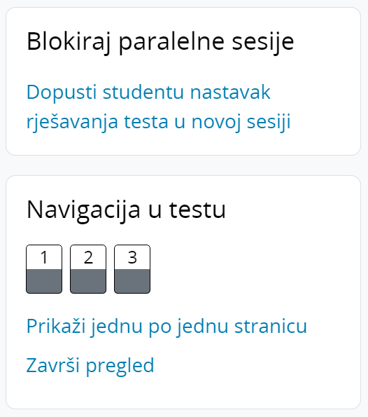 Omogućavanje studentu nastavak rješavanja testa u novoj sesiji