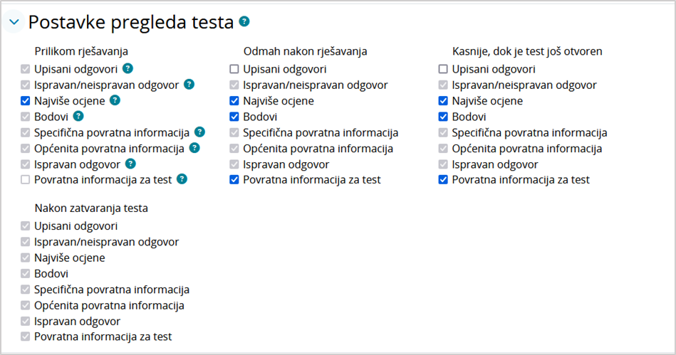 Postavke pregleda testa