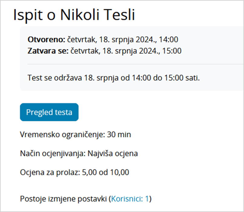 Informacije dostupne prilikom pregleda testa