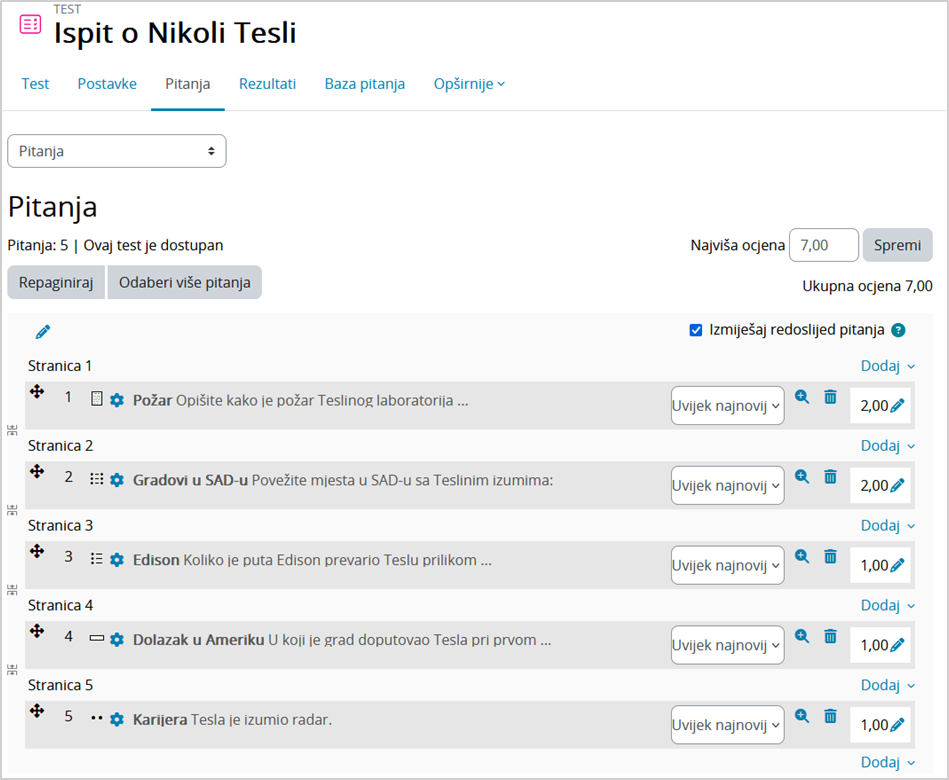 Uređivanje bodova i redoslijeda pitanja
