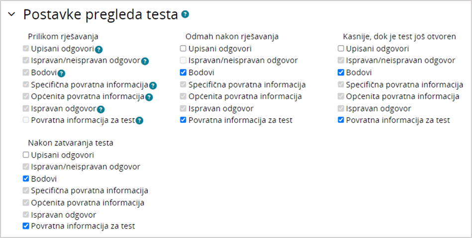 Postavke pregleda testa