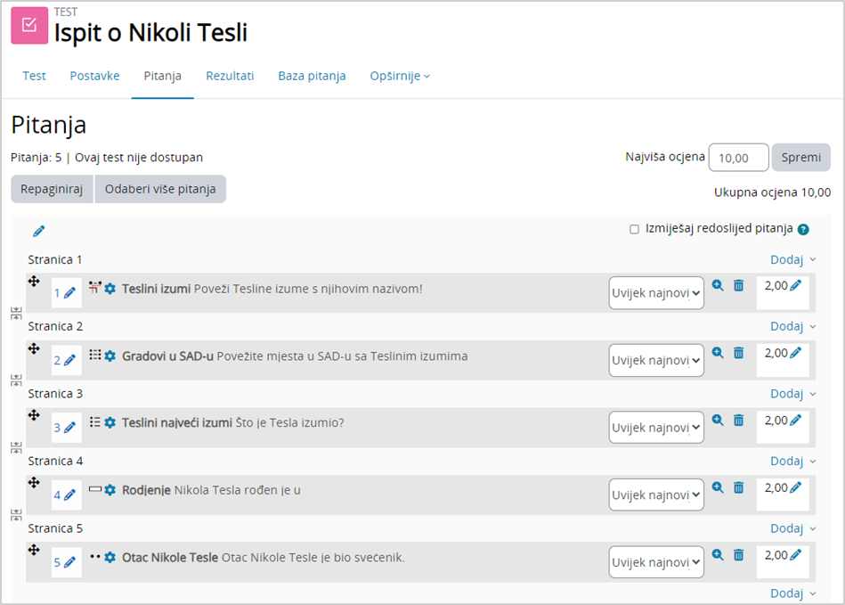 Uređivanje bodova i redoslijeda pitanja