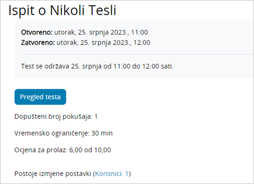 Informacije dostupne prilikom pregleda testa