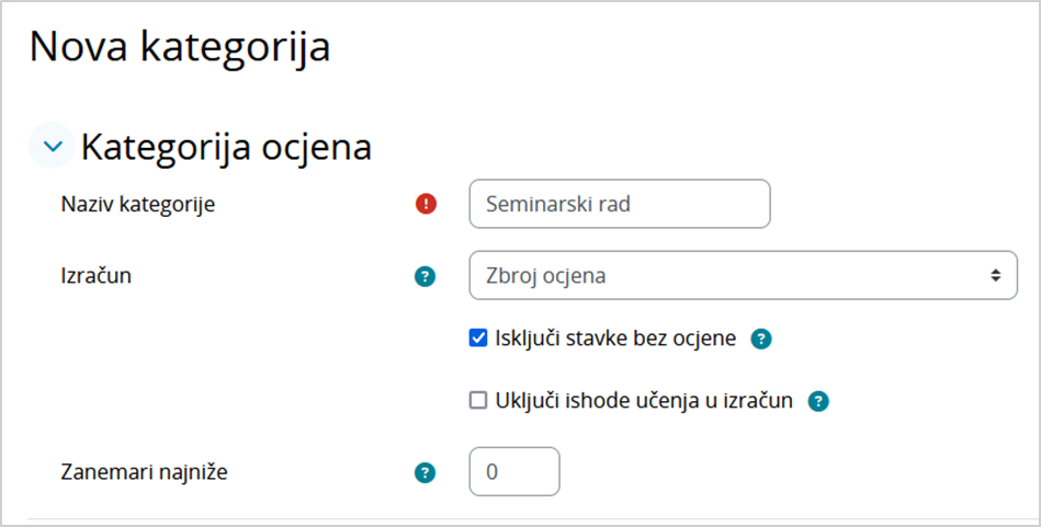 Postavke kategorije ocjena