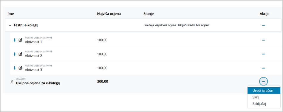 Primjer uređivanja izračuna ukupne ocjene kolegija pomoću formule