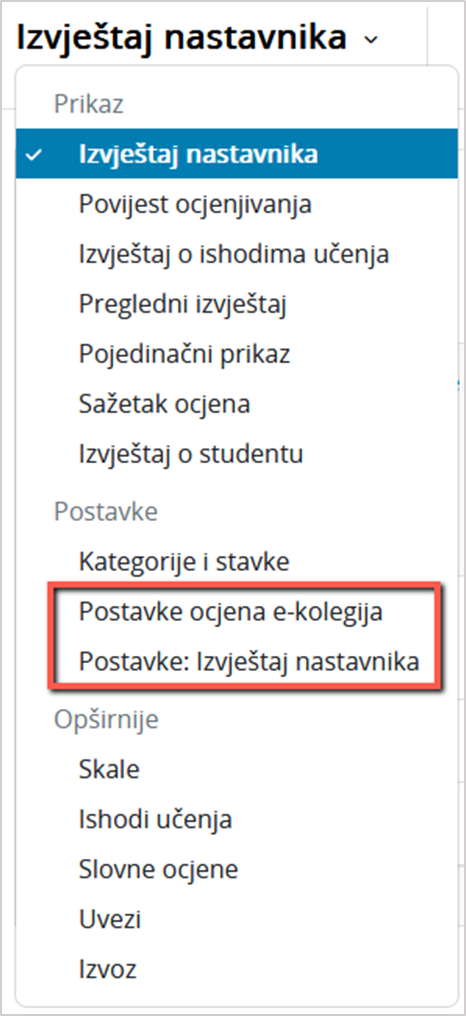 Pristup ocjenama e-kolegija i postavkama izvještaja nastavnika