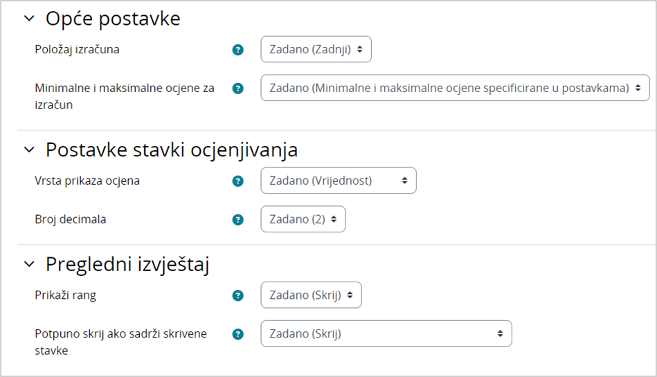 Postavke ocjena e-kolegija