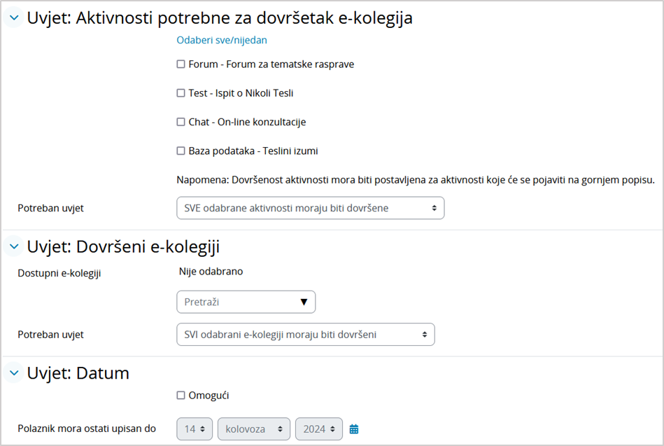 Postavljanje uvjeta za dovršenost e-kolegija