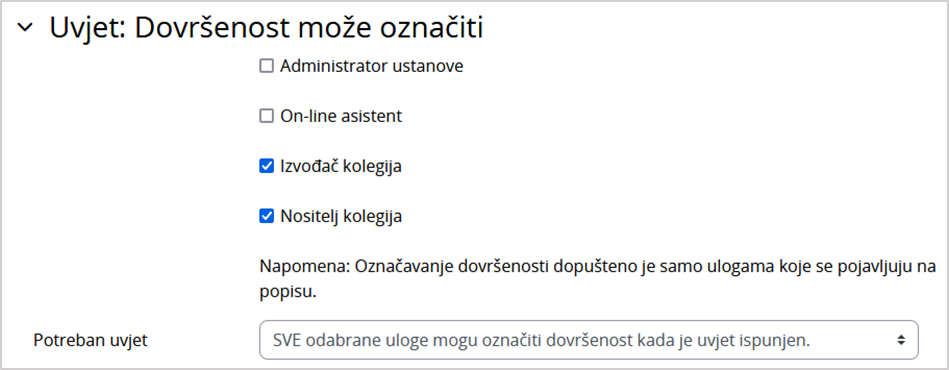 Postavke dovršenosti e-kolegija