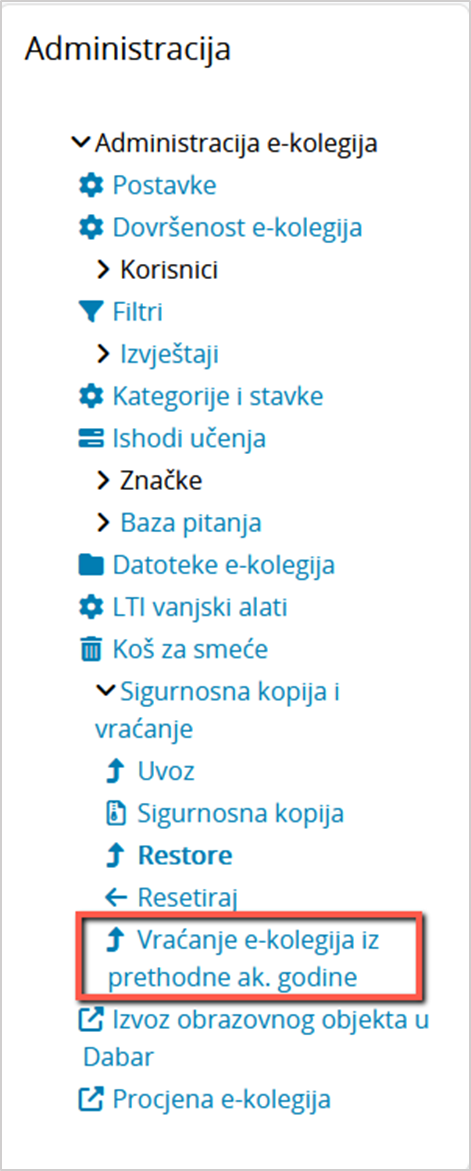 Vraćanje e-kolegija iz prethodne akademske godine
