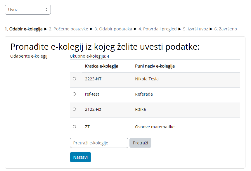 Odabir e-kolegija iz kojega se izvoze podaci