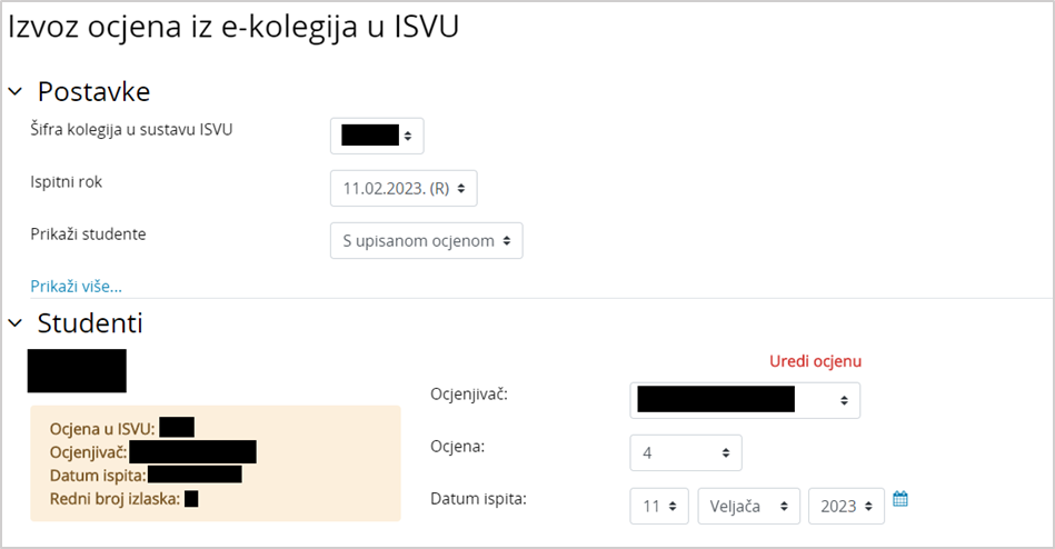 Uređivanje ocjena za izvoz (imena studenata i ocjenjivača sakrivena su zbog zaštite osobnih podataka)