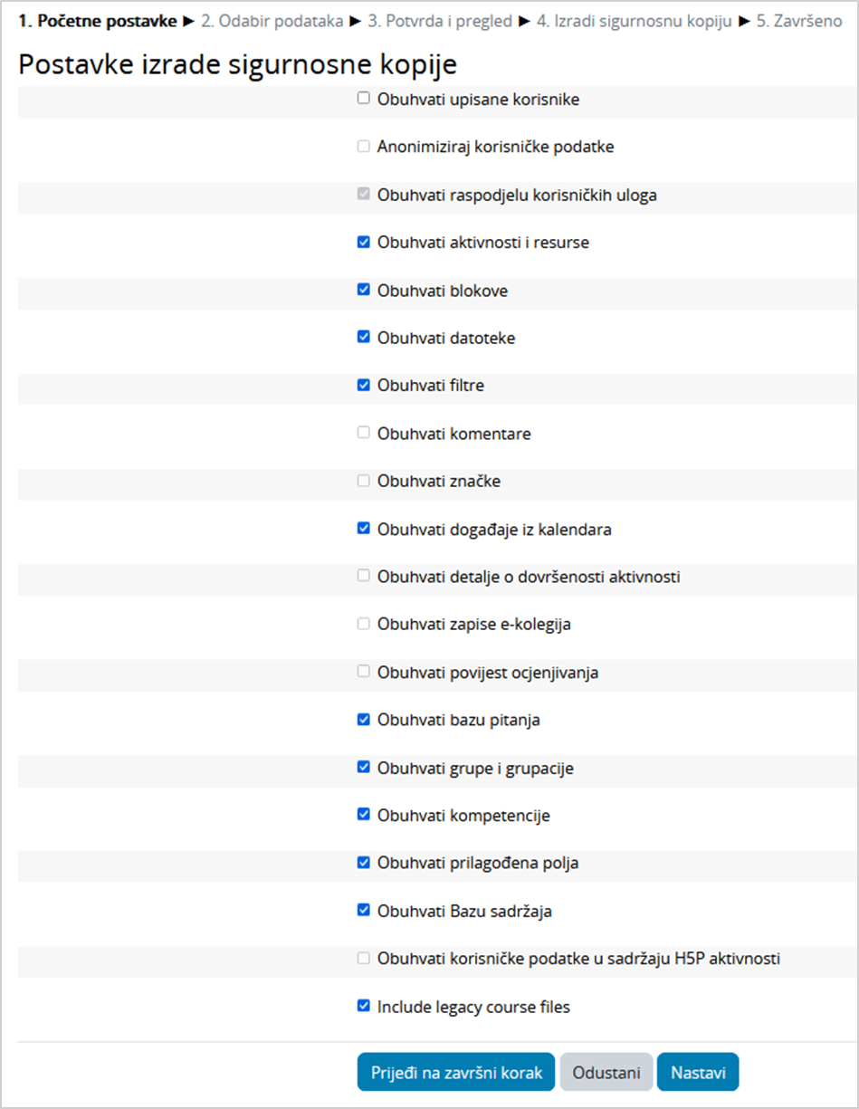 Postavke izrade sigurnosne kopije