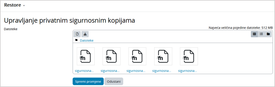 Dodavanje sigurnosne kopije s korisničkim podacima u Privatni korisnički prostor za sigurnosne kopije e-kolegija