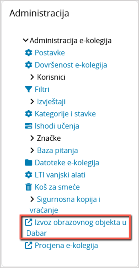 Poveznica za izvoz obrazovnog objekta u Dabar