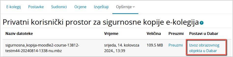 Izvoz obrazovnog objekta u Dabar