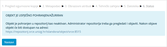 Obavijest o uspješnoj pohrani obrazovnog objekta u repozitorij