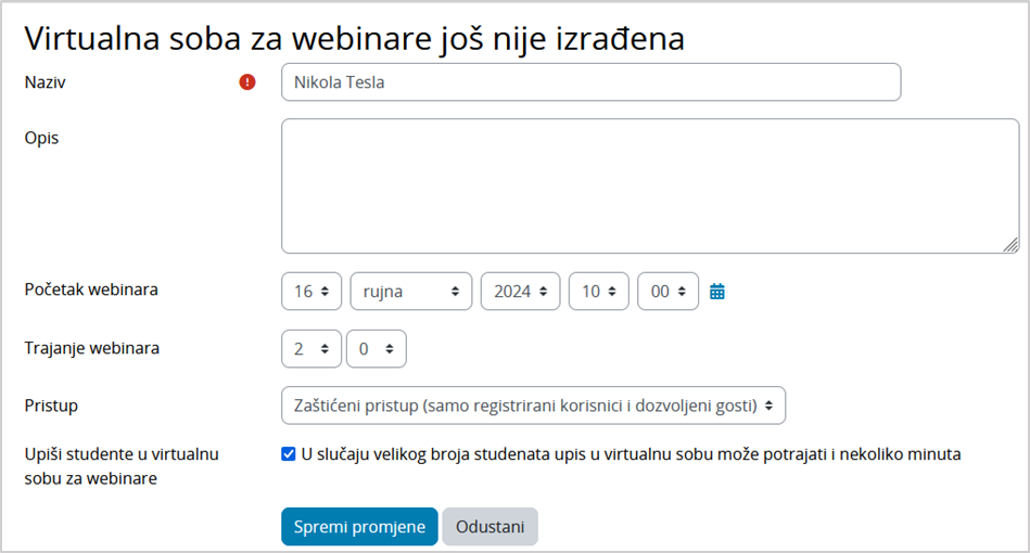 Određivanje načina pristupa sobi i početak webinara