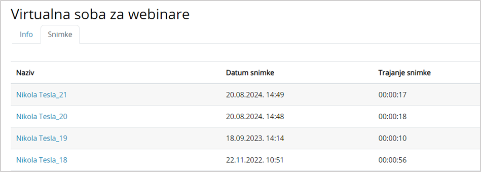 Popis snimki dostupnih studentima