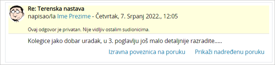 Primjer privatnog odgovora na poruku u forumu