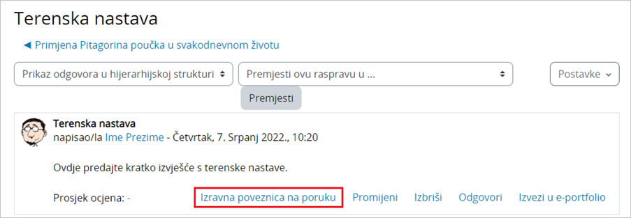 Primjer izravne poveznice na poruku u forumu