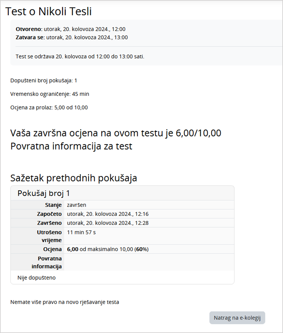 Prikaz postignutih bodova na testu