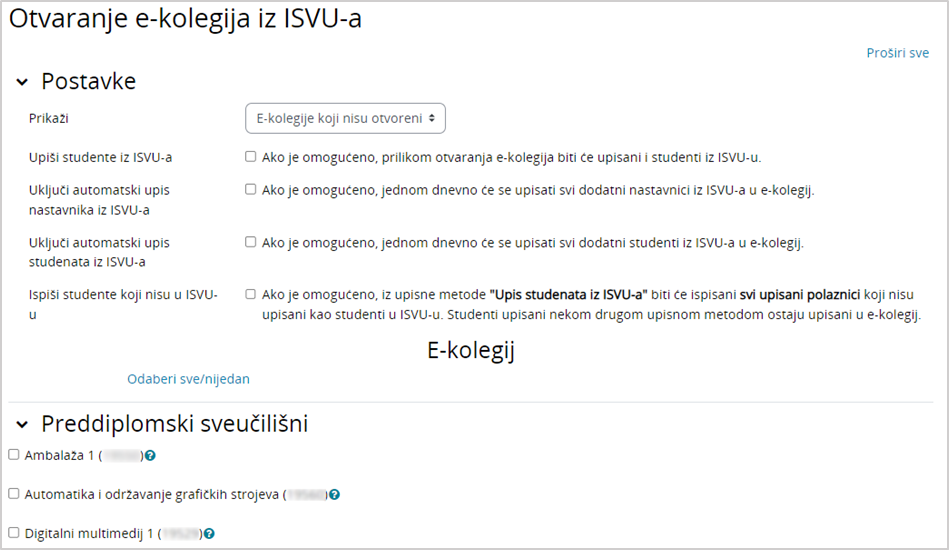 Postavke kod otvaranja e-kolegija iz ISVU-a