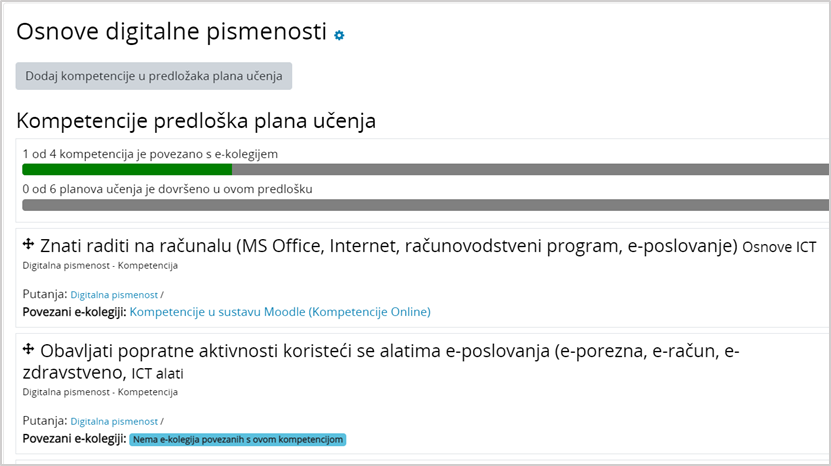 Prikaz kompetencija jednog plana učenja