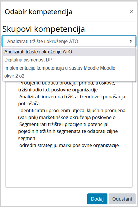 Dodavanje kompetencija u predložak plana učenja