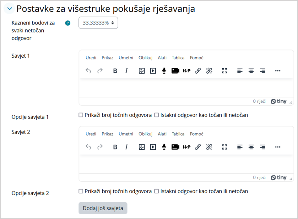 Postavke za višestruke pokušaje rješavanja