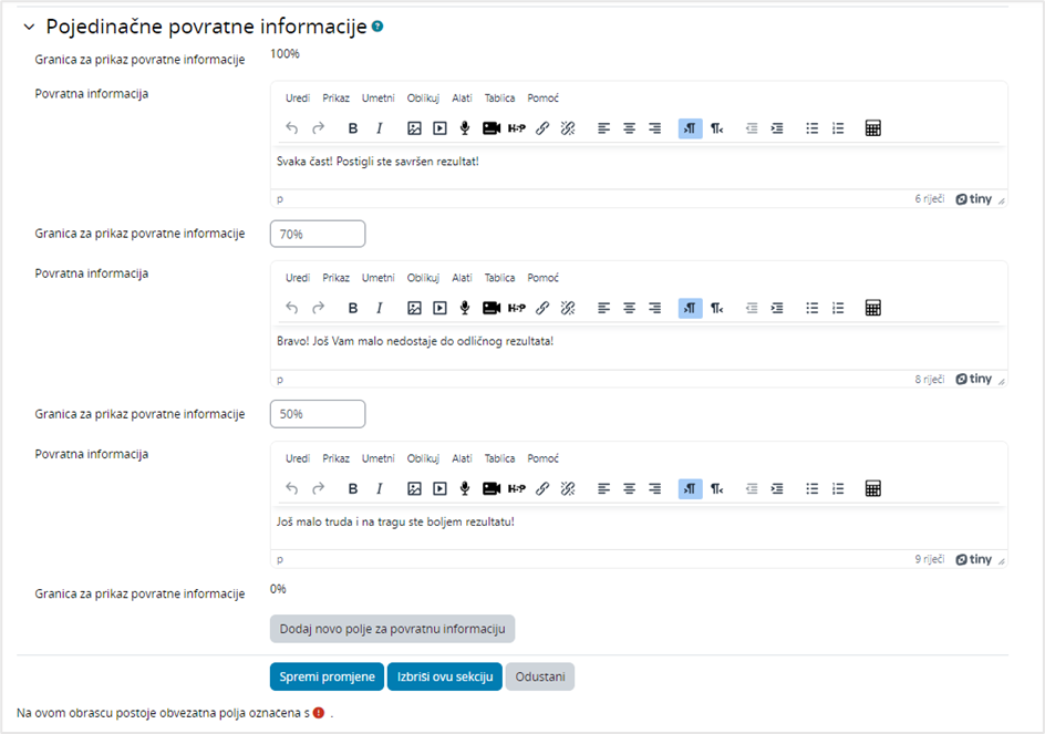 Postavke pojedinačnih povratnih informacija