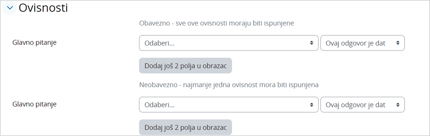 Postavke sekcije Ovisnosti