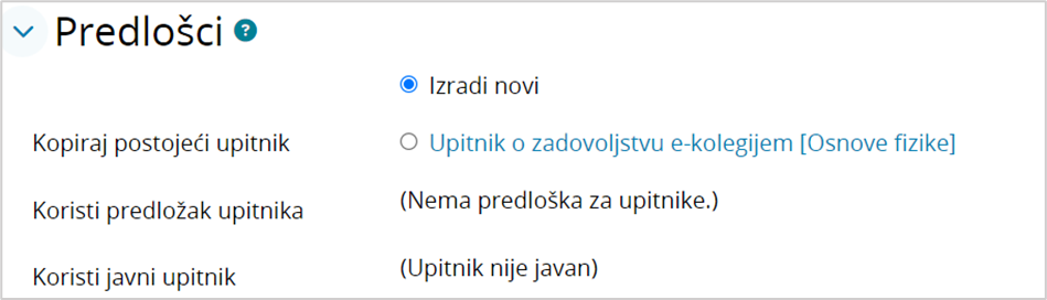 Postavke sekcije Predlošci