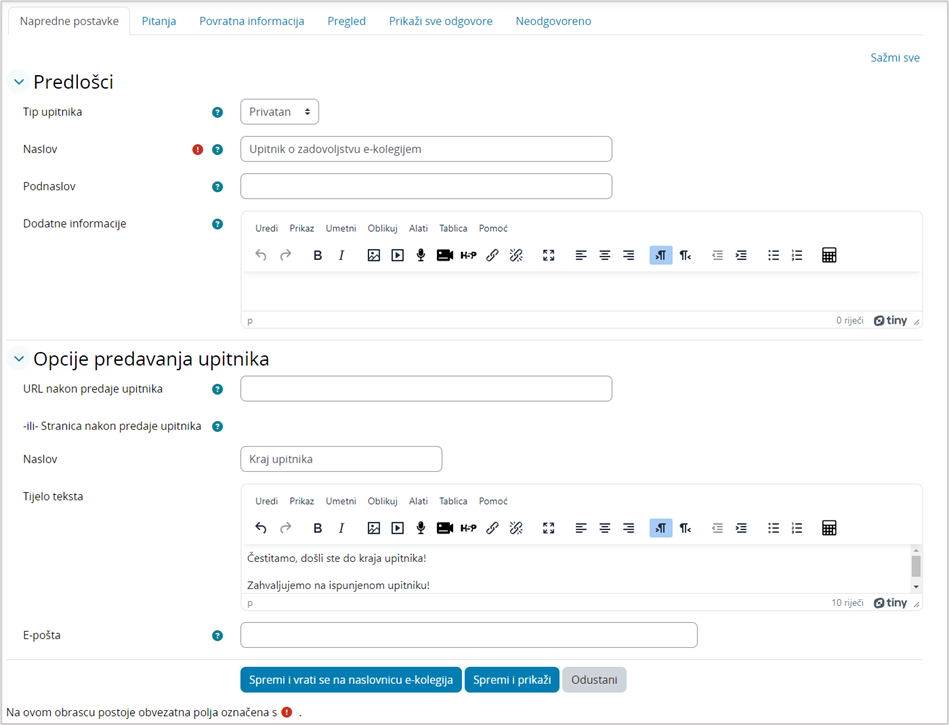 Napredne postavke aktivnosti Upitnik