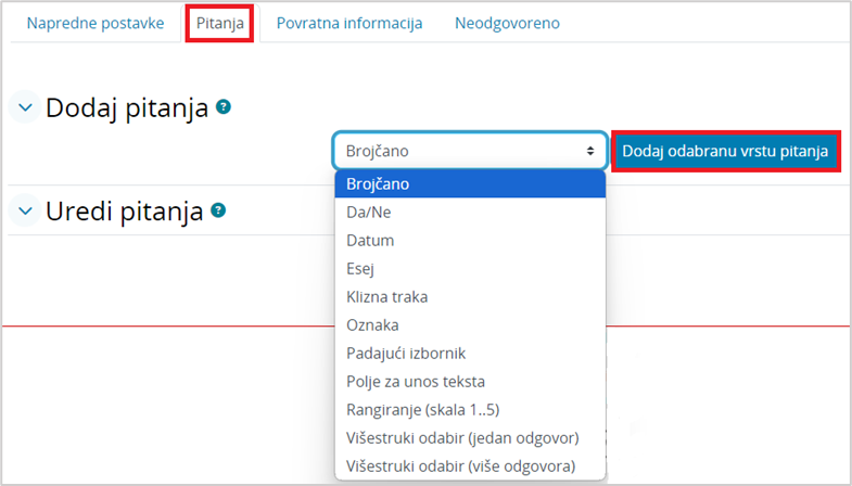Odabir vrste pitanja