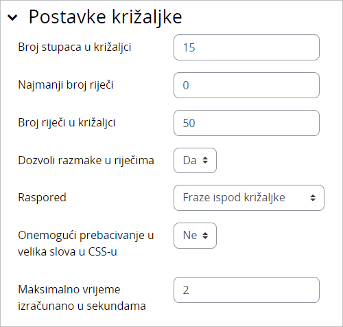 Sekcija Postavke križaljke