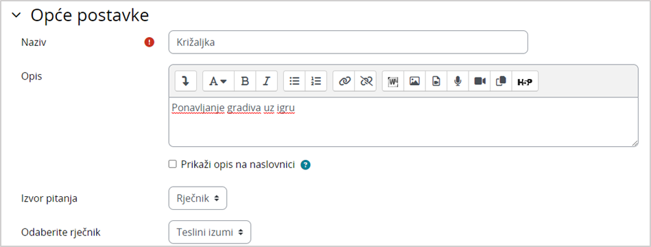 Opće postavke igre Križaljka