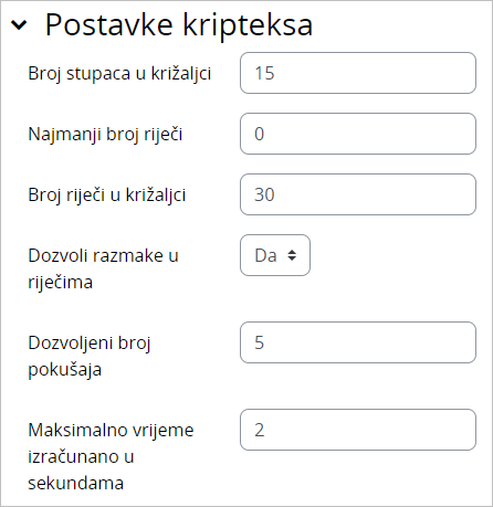 Sekcija Postavke kripteksa