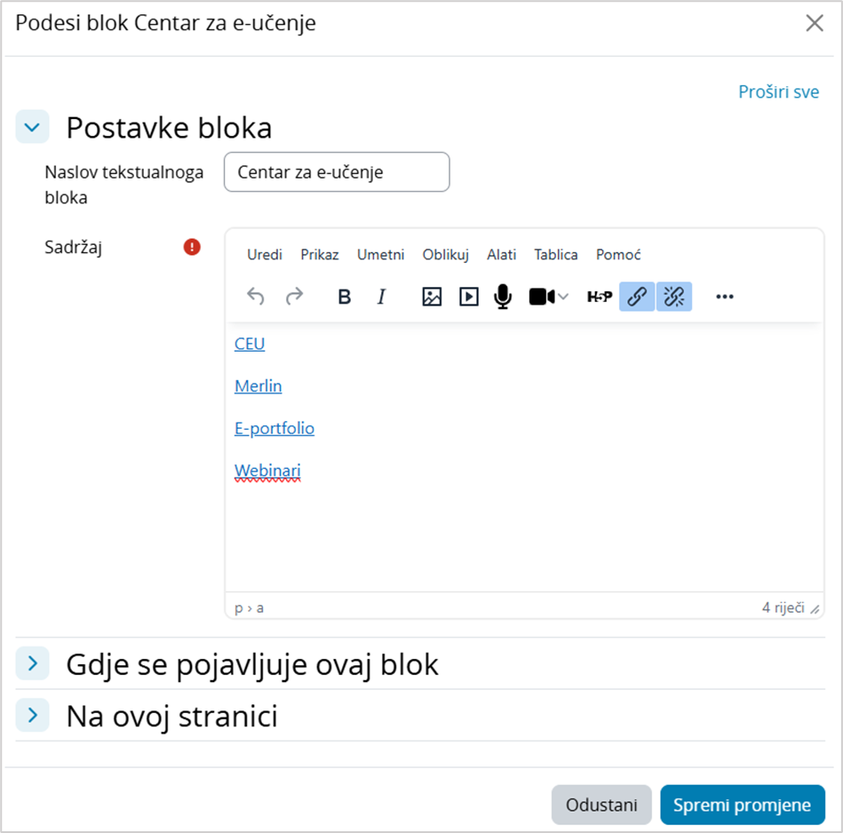 Postavke tekstualnog bloka