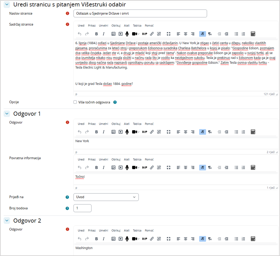 Dodavanje stranice s pitanjem