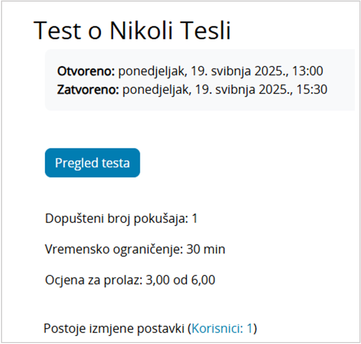 Informacije dostupne prilikom pregleda testa