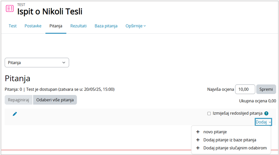 Dodavanje pitanja u test