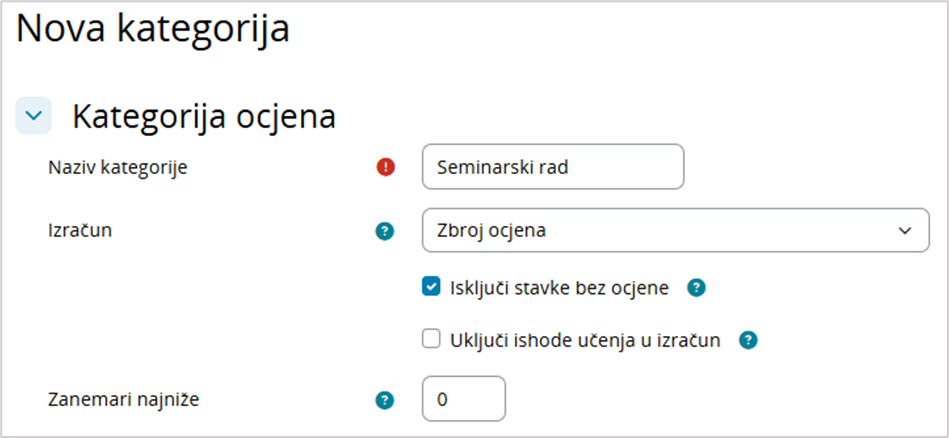 Postavke kategorije ocjena