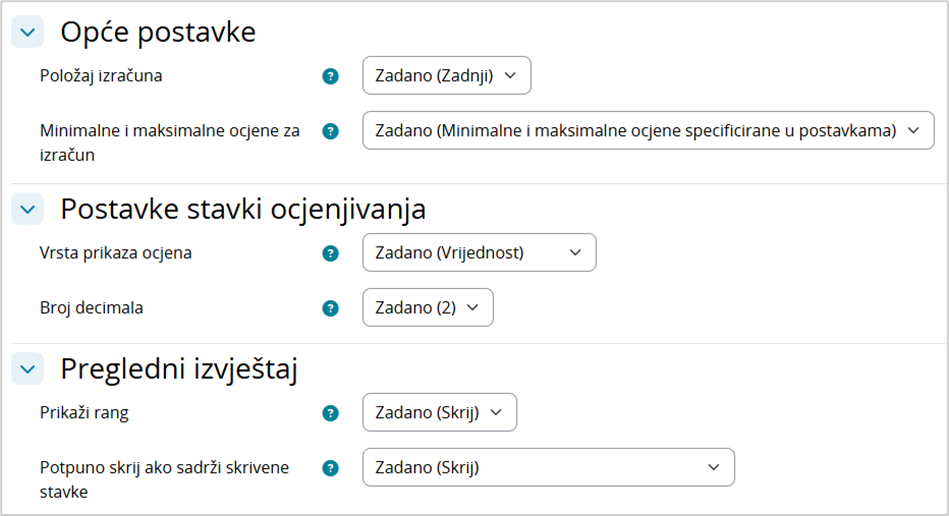 Postavke ocjena e-kolegija