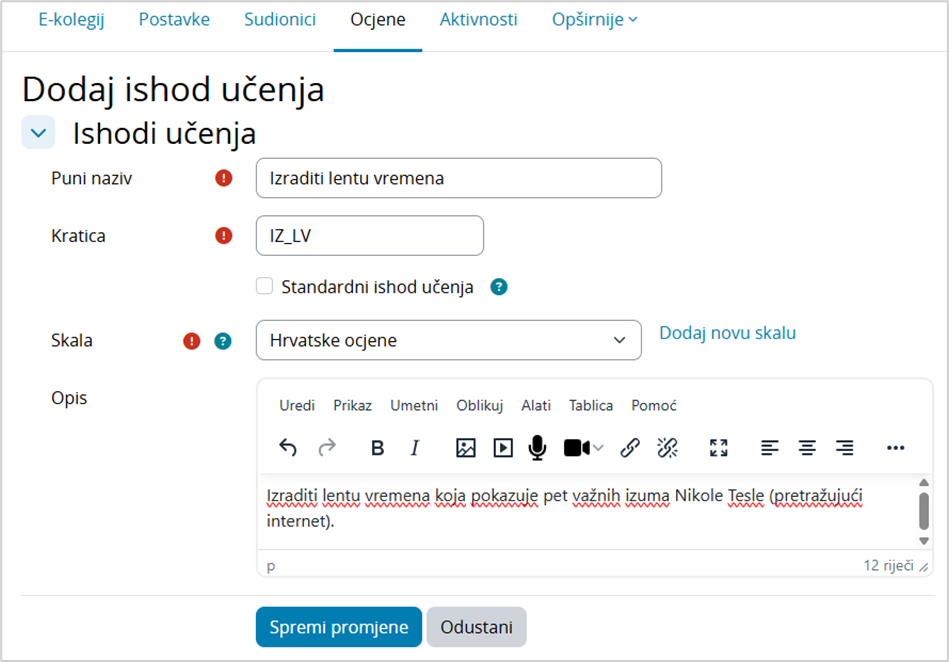 Postavke Ishoda učenja