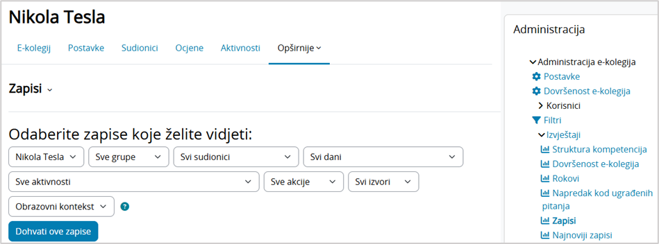 Odabir prikaza željenih zapisa