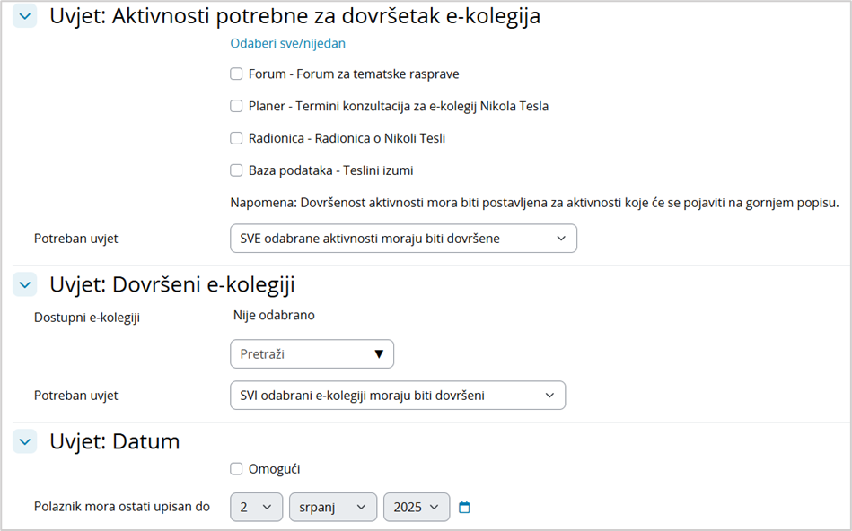 Postavljanje uvjeta za dovršenost e-kolegija