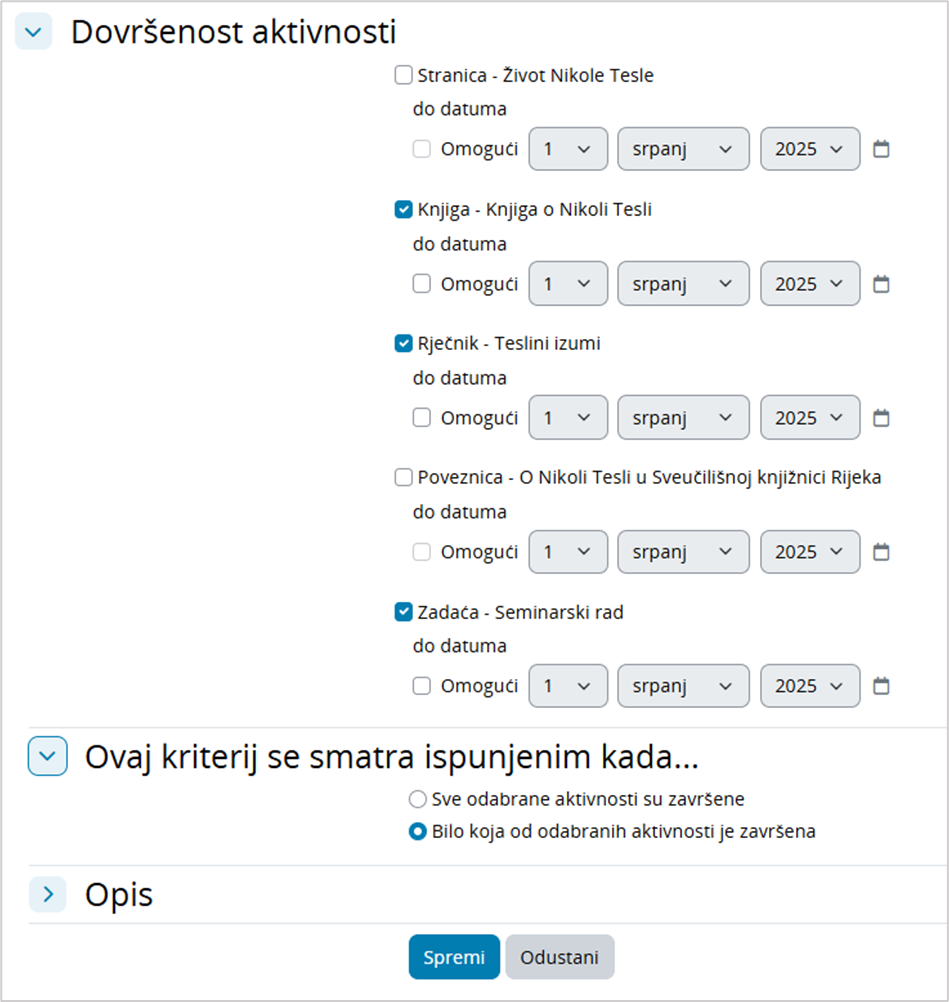 Automatsko dodjeljivanje značke po kriteriju dovršenost aktivnosti
