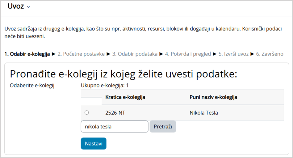 Odabir e-kolegija iz kojega se izvoze podaci